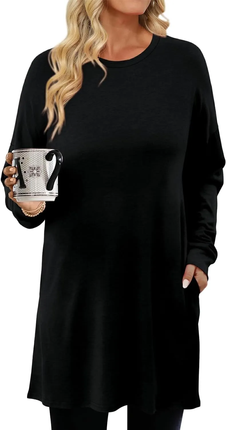 KISSMODA Women's Long Sleeve Tunic Tops Fall for Leggings Casual Long Tunics with Pockets T Shirts Loose S-3XL
