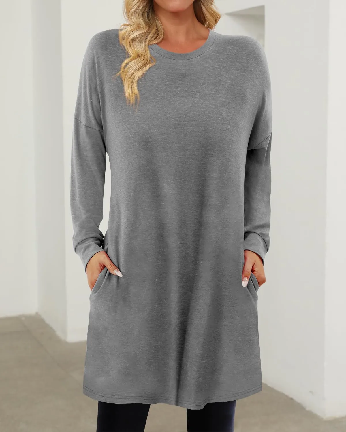 KISSMODA Women's Long Sleeve Tunic Tops Fall for Leggings Casual Long Tunics with Pockets T Shirts Loose S-3XL