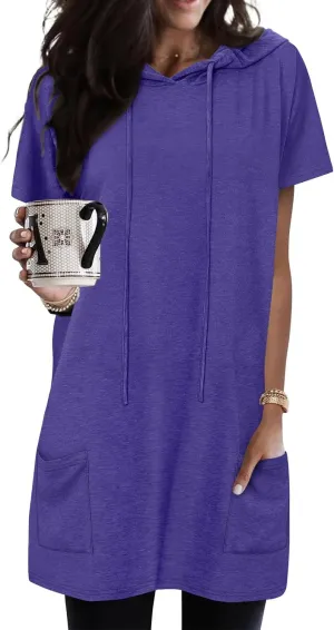 KISSMODA Women's Short Sleeve Tunic Tops Summer for Leggings T-shirts Long Tunics with Pockets Dresses Pullover Hoodies
