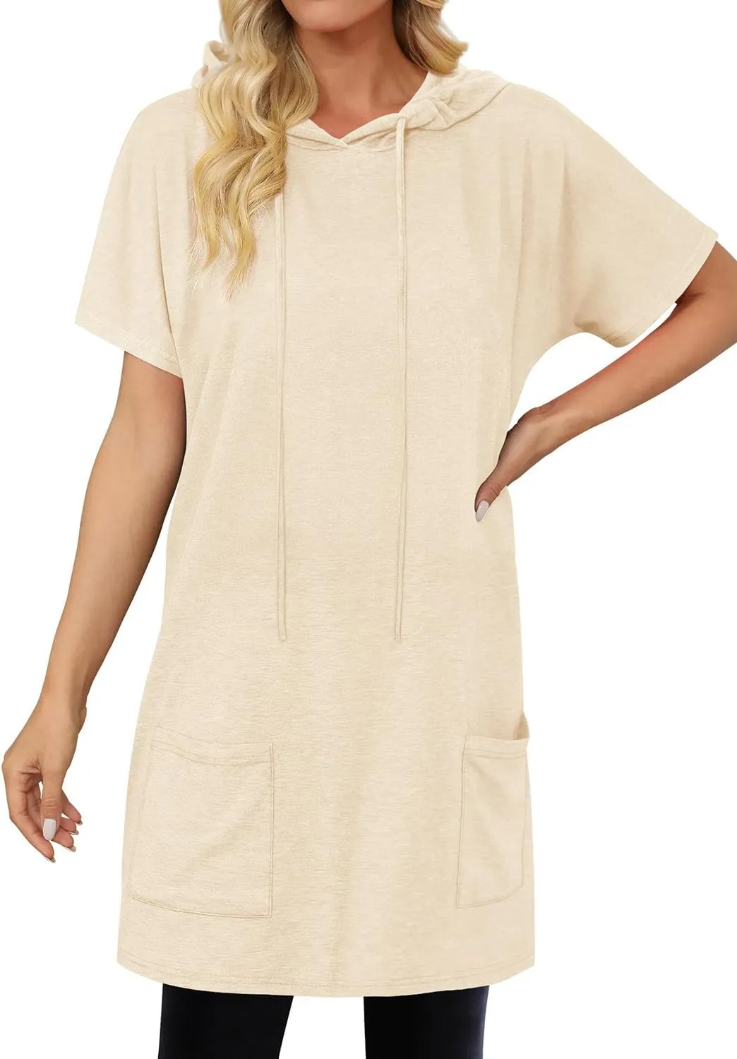 KISSMODA Women's Short Sleeve Tunic Tops Summer for Leggings T-shirts Long Tunics with Pockets Dresses Pullover Hoodies