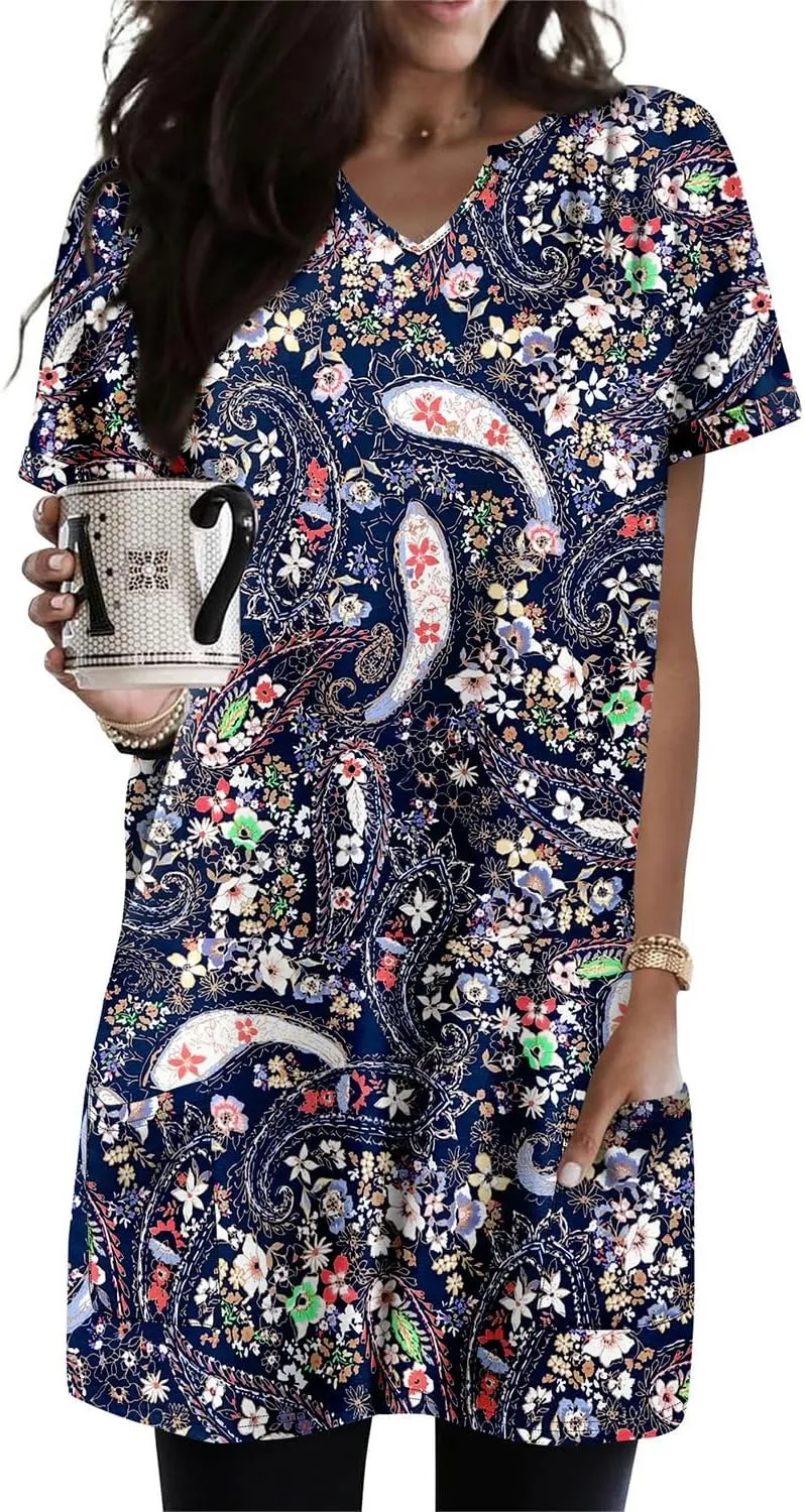 KISSMODA Women's Short Sleeve Tunic Tops Summer for Leggings T-shirts Long Tunics with Pockets Dresses Pullover Hoodies