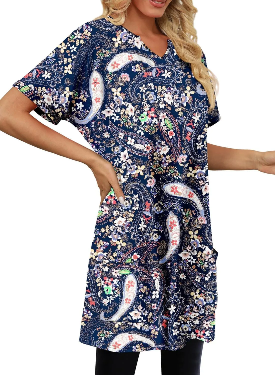 KISSMODA Women's Short Sleeve Tunic Tops Summer for Leggings T-shirts Long Tunics with Pockets Dresses Pullover Hoodies