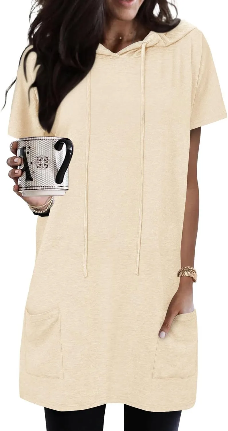 KISSMODA Women's Short Sleeve Tunic Tops Summer for Leggings T-shirts Long Tunics with Pockets Dresses Pullover Hoodies