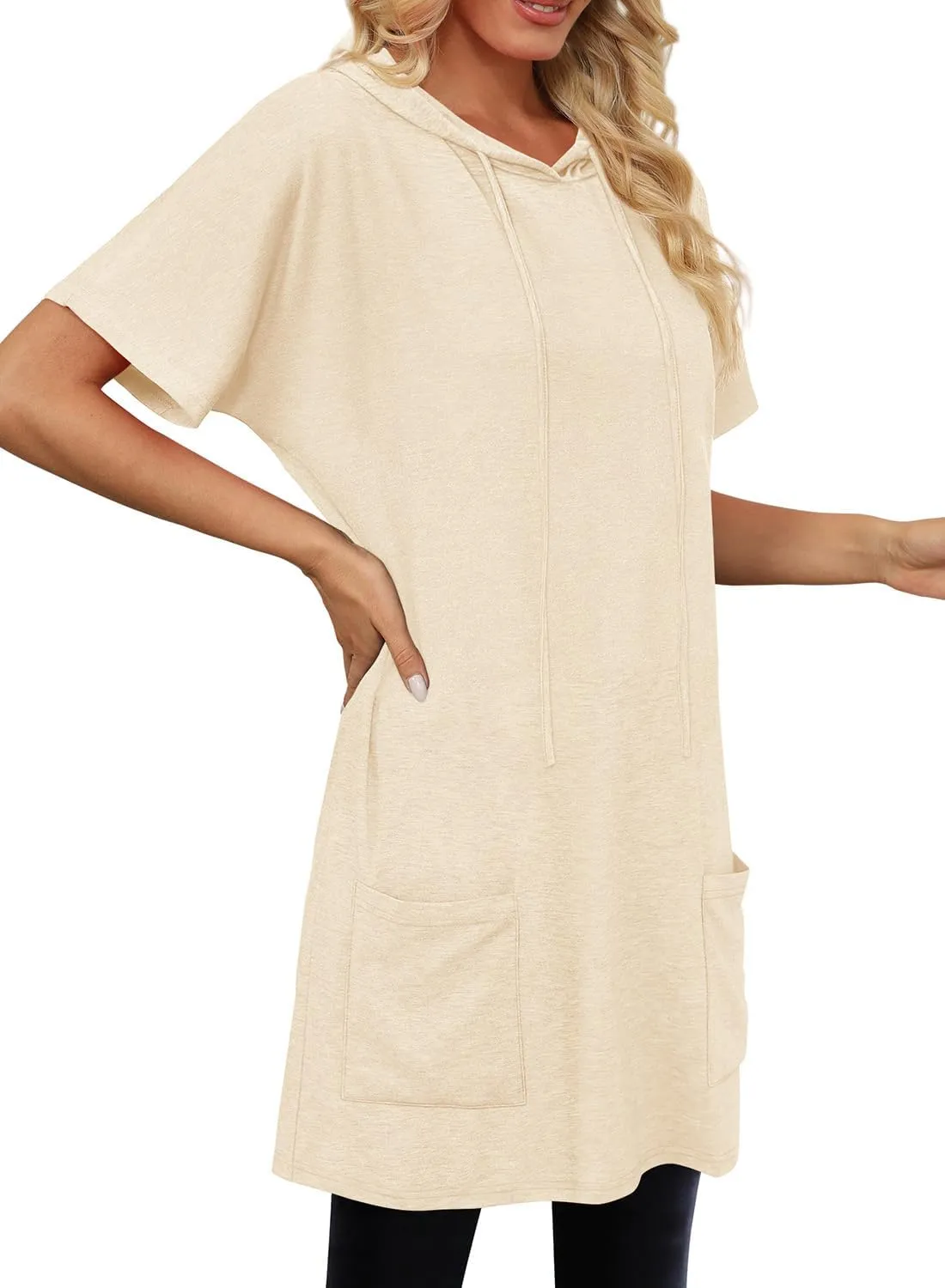 KISSMODA Women's Short Sleeve Tunic Tops Summer for Leggings T-shirts Long Tunics with Pockets Dresses Pullover Hoodies