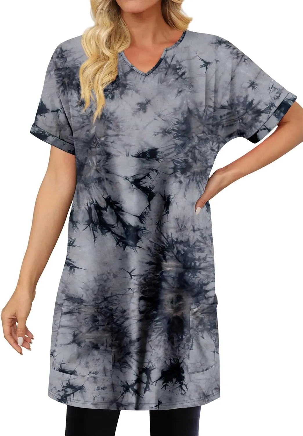 KISSMODA Women's Short Sleeve Tunic Tops Summer for Leggings T-shirts Long Tunics with Pockets Dresses Pullover Hoodies