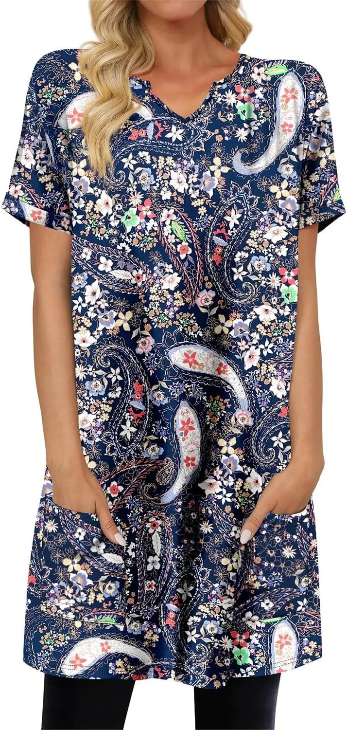 KISSMODA Women's Short Sleeve Tunic Tops Summer for Leggings T-shirts Long Tunics with Pockets Dresses Pullover Hoodies