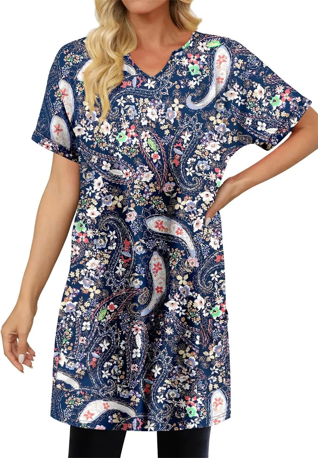 KISSMODA Women's Short Sleeve Tunic Tops Summer for Leggings T-shirts Long Tunics with Pockets Dresses Pullover Hoodies