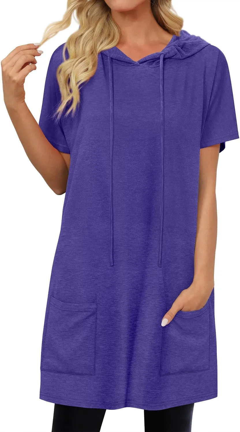 KISSMODA Women's Short Sleeve Tunic Tops Summer for Leggings T-shirts Long Tunics with Pockets Dresses Pullover Hoodies