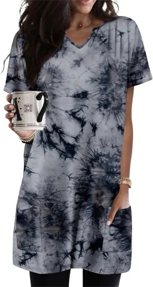 KISSMODA Women's Short Sleeve Tunic Tops Summer for Leggings T-shirts Long Tunics with Pockets Dresses Pullover Hoodies