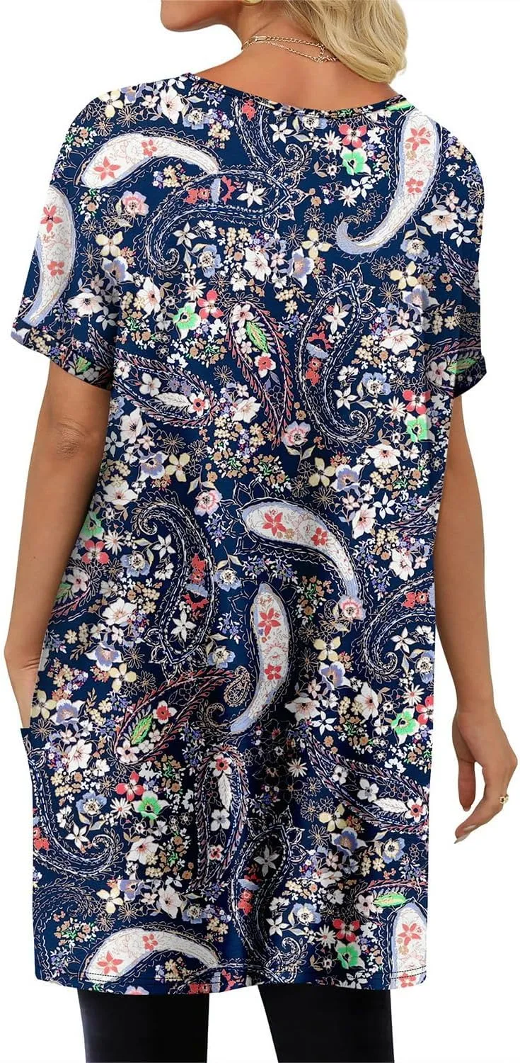 KISSMODA Women's Short Sleeve Tunic Tops Summer for Leggings T-shirts Long Tunics with Pockets Dresses Pullover Hoodies