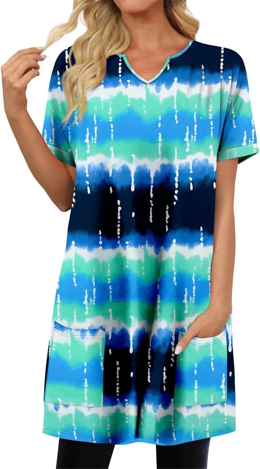 KISSMODA Women's Short Sleeve Tunic Tops Summer for Leggings T-shirts Long Tunics with Pockets Dresses Pullover Hoodies