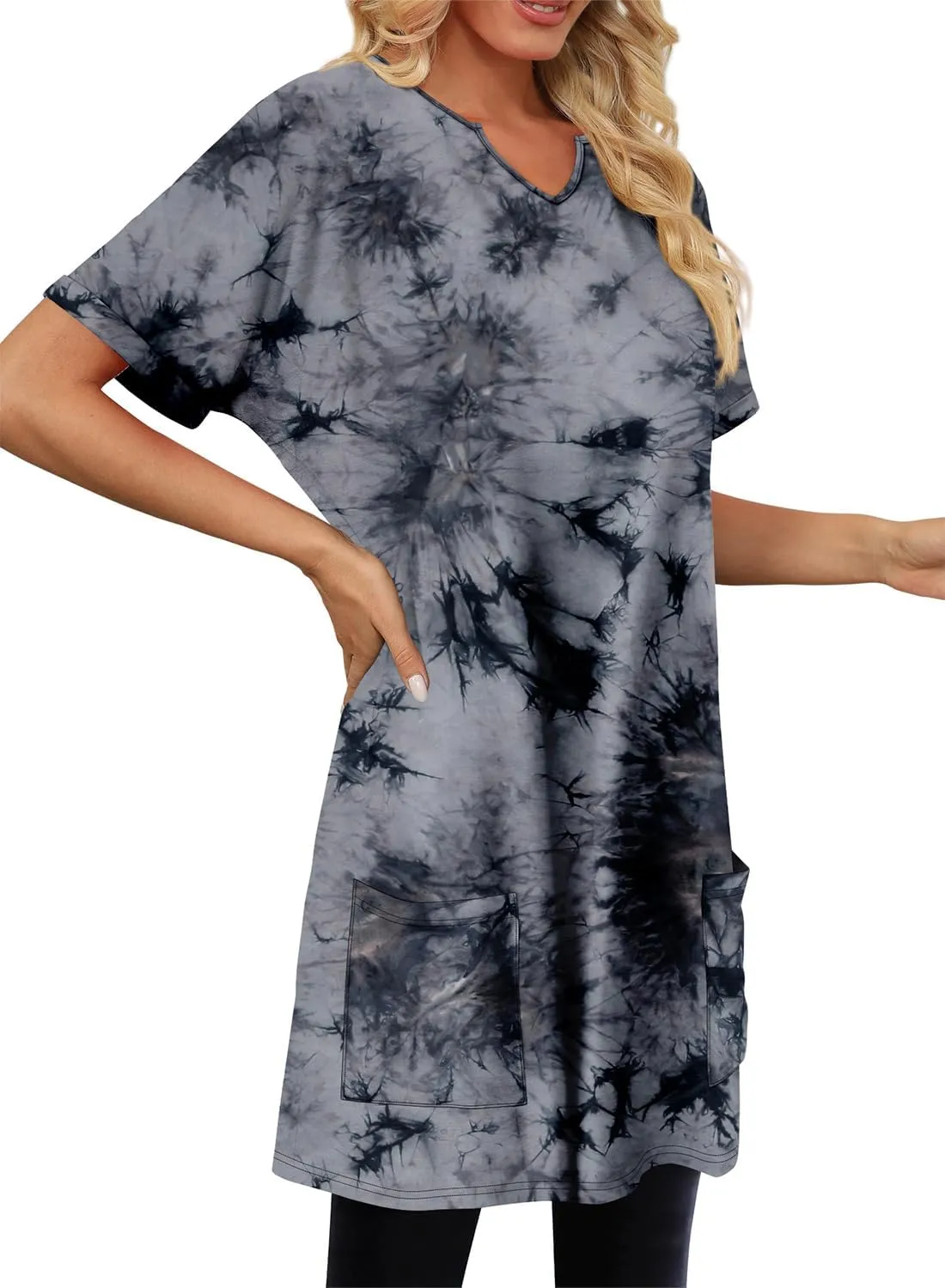 KISSMODA Women's Short Sleeve Tunic Tops Summer for Leggings T-shirts Long Tunics with Pockets Dresses Pullover Hoodies