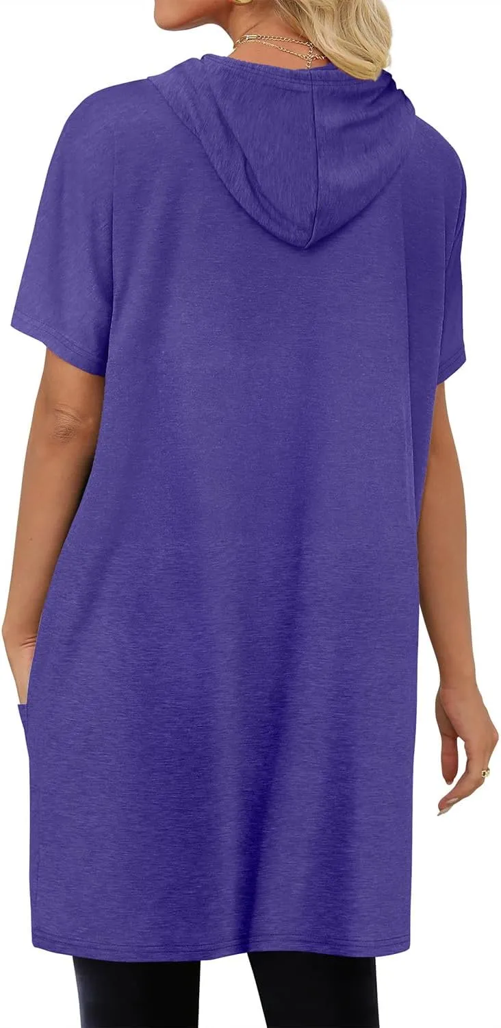 KISSMODA Women's Short Sleeve Tunic Tops Summer for Leggings T-shirts Long Tunics with Pockets Dresses Pullover Hoodies