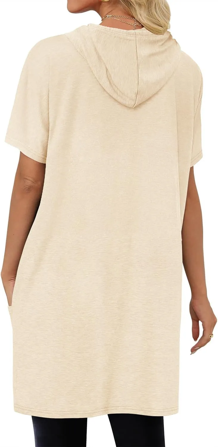KISSMODA Women's Short Sleeve Tunic Tops Summer for Leggings T-shirts Long Tunics with Pockets Dresses Pullover Hoodies