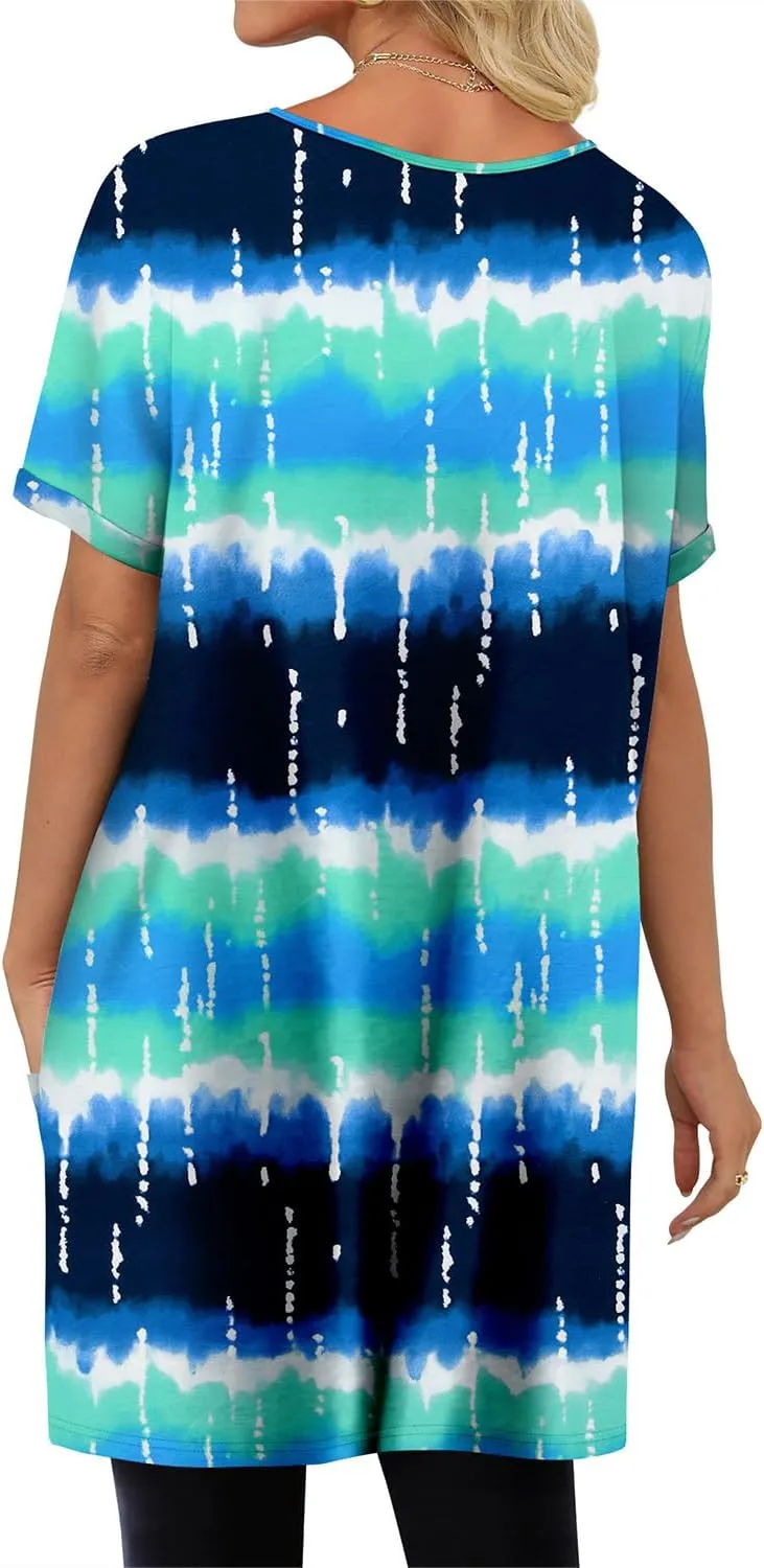 KISSMODA Women's Short Sleeve Tunic Tops Summer for Leggings T-shirts Long Tunics with Pockets Dresses Pullover Hoodies