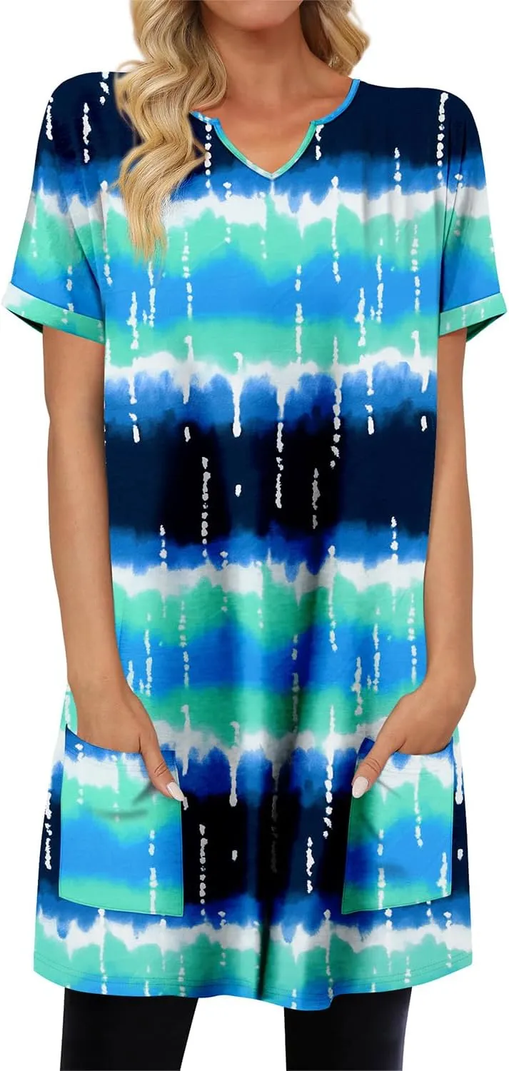 KISSMODA Women's Short Sleeve Tunic Tops Summer for Leggings T-shirts Long Tunics with Pockets Dresses Pullover Hoodies