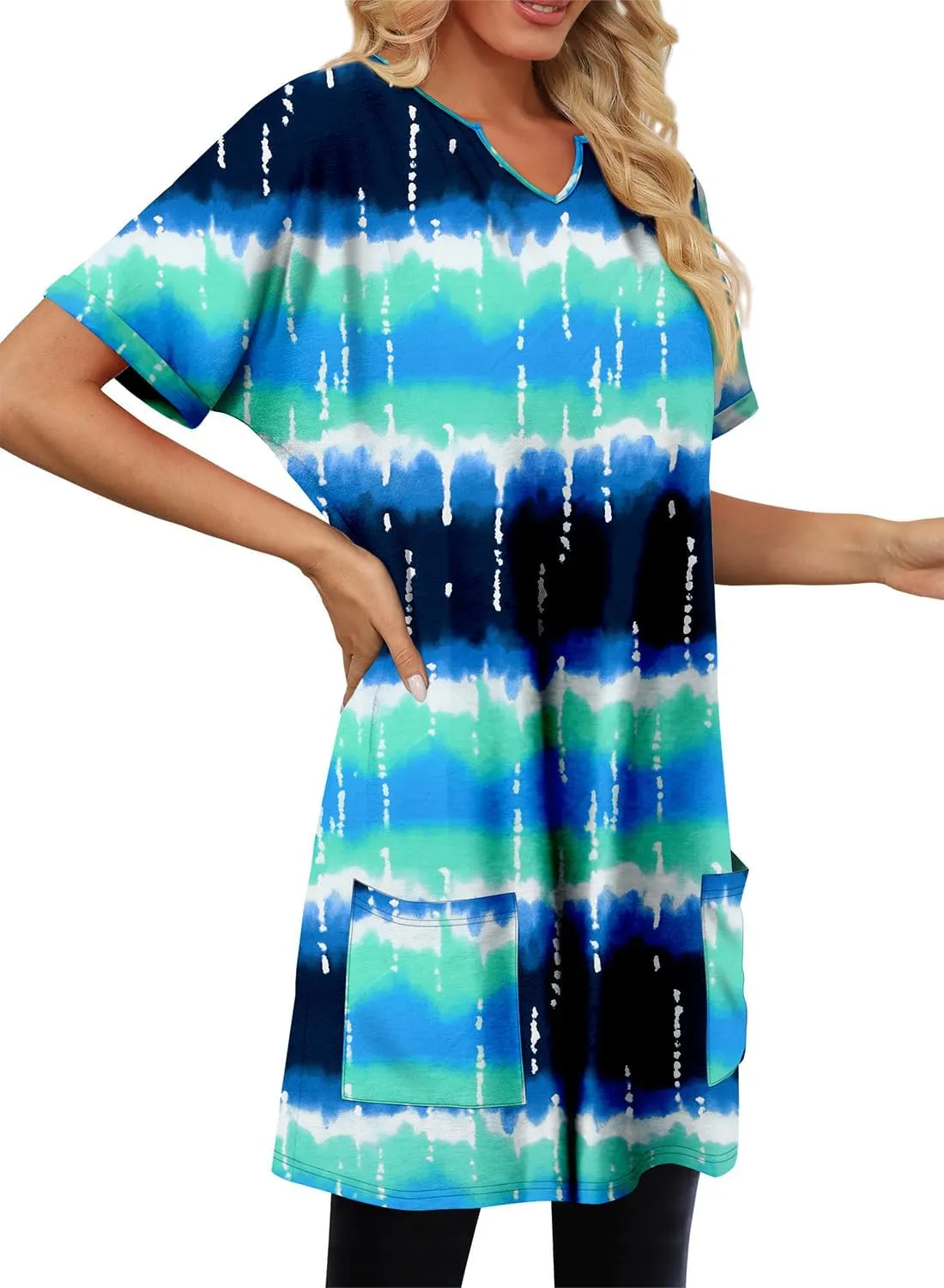 KISSMODA Women's Short Sleeve Tunic Tops Summer for Leggings T-shirts Long Tunics with Pockets Dresses Pullover Hoodies