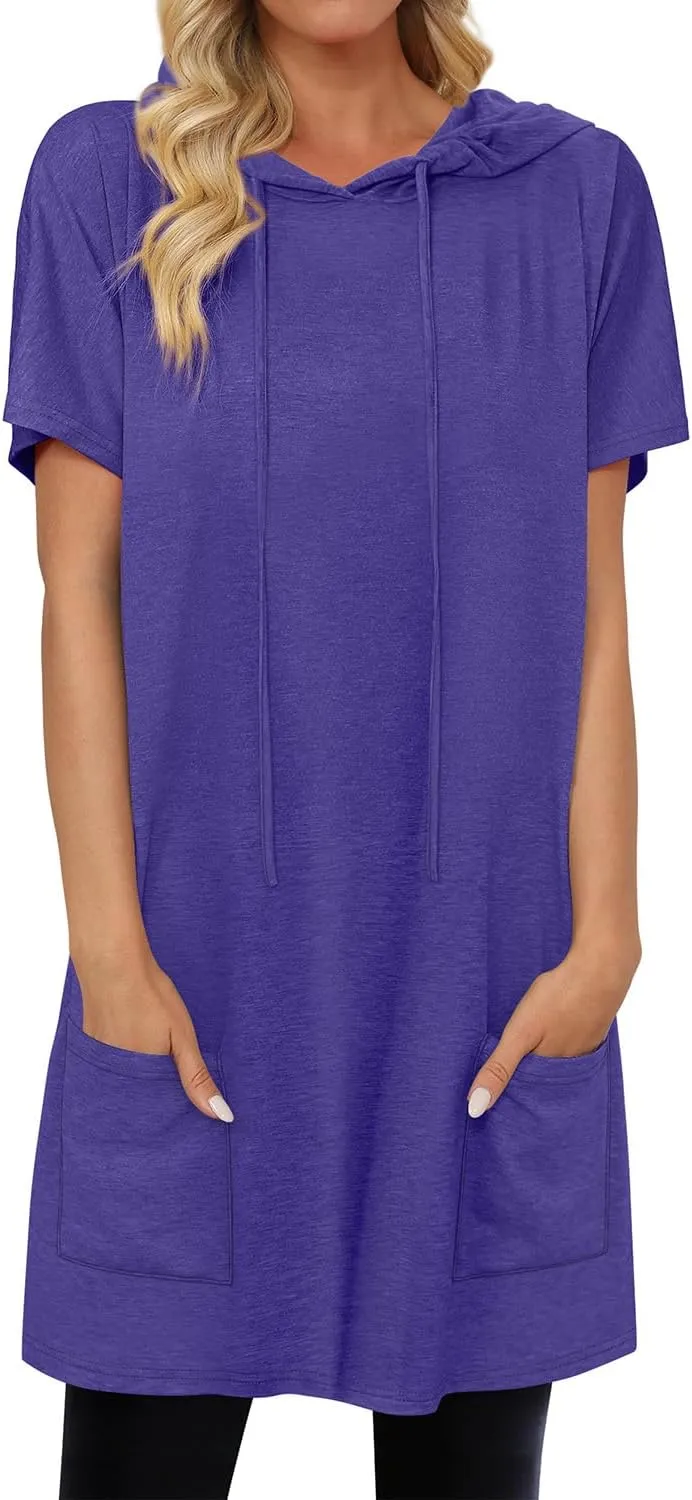 KISSMODA Women's Short Sleeve Tunic Tops Summer for Leggings T-shirts Long Tunics with Pockets Dresses Pullover Hoodies