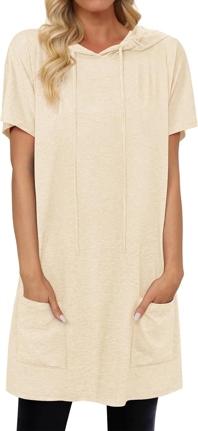 KISSMODA Women's Short Sleeve Tunic Tops Summer for Leggings T-shirts Long Tunics with Pockets Dresses Pullover Hoodies