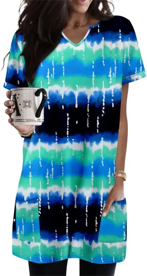 KISSMODA Women's Short Sleeve Tunic Tops Summer for Leggings T-shirts Long Tunics with Pockets Dresses Pullover Hoodies