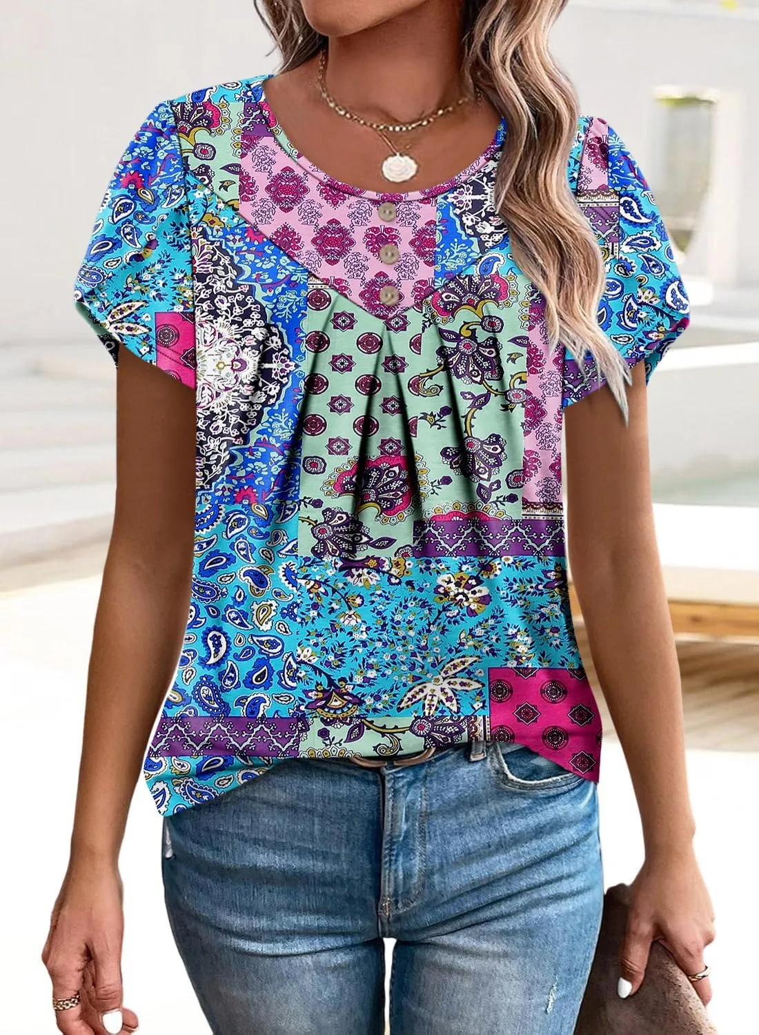 KISSMODA Womens Tops Short Sleeve Plus Size Tunic Top Casual Shirt O-neck Boho Blouse Summer Basic Tunics Tops for Woman