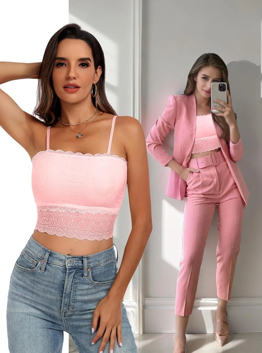 Lace Bralette for Women Camisole Tops Spaghetti Strap Double-Layered Tube Tops Lace Bandeau Bra