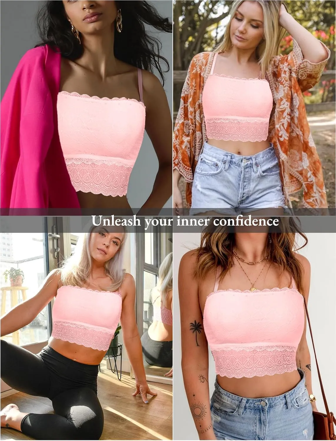 Lace Bralette for Women Camisole Tops Spaghetti Strap Double-Layered Tube Tops Lace Bandeau Bra