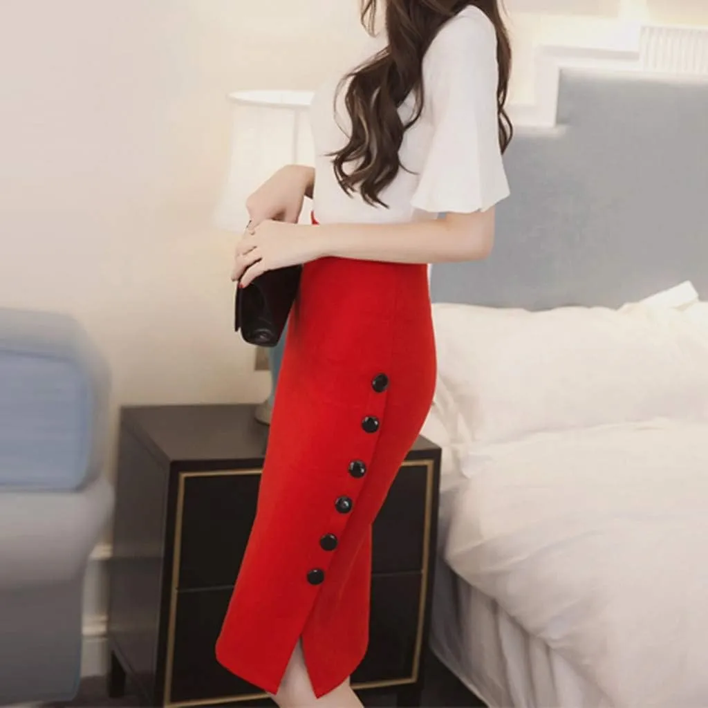Ladies Sexy Hip Skirt Hight Waist Slim Slit Button Solid Color Maxi Skirts 2025 Clothes