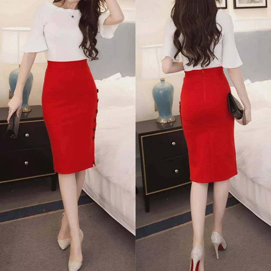 Ladies Sexy Hip Skirt Hight Waist Slim Slit Button Solid Color Maxi Skirts 2025 Clothes