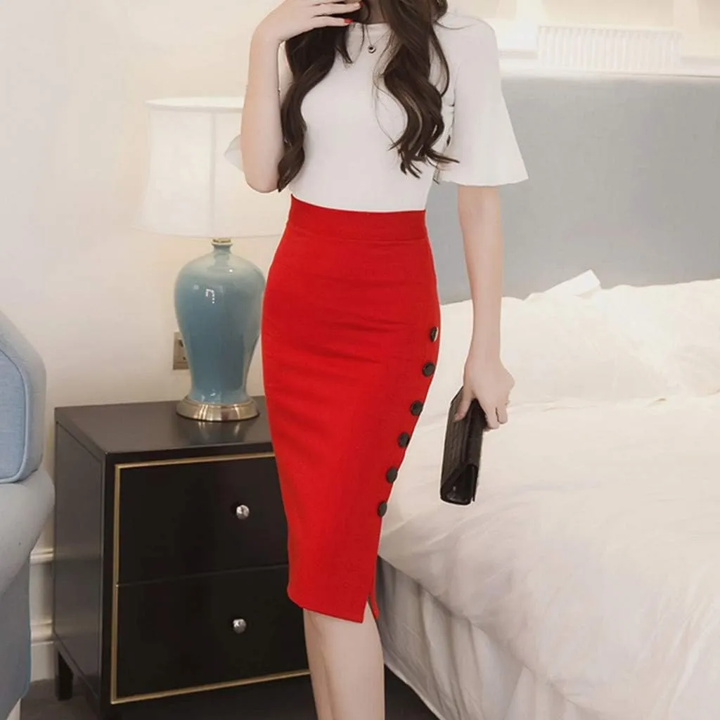 Ladies Sexy Hip Skirt Hight Waist Slim Slit Button Solid Color Maxi Skirts 2025 Clothes