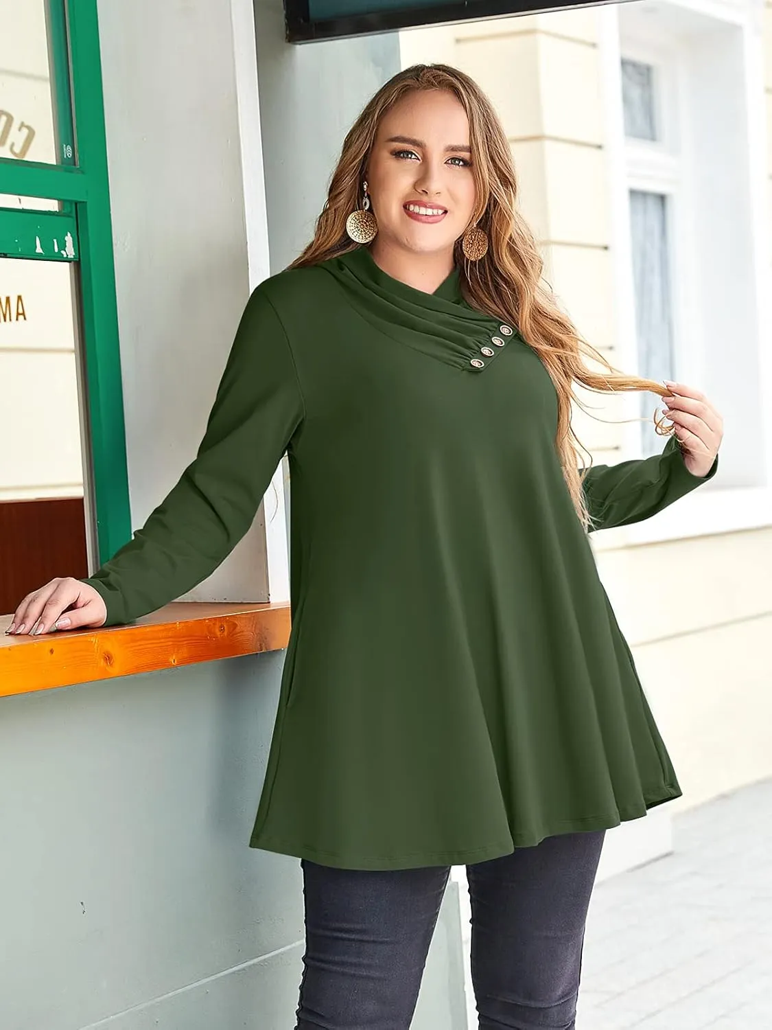 LARACE Cowl Neck Sweatshirts For Women Plus Size Tops With Pockets Long Sleeve Tunic Casual Pullover Button Down Shirt