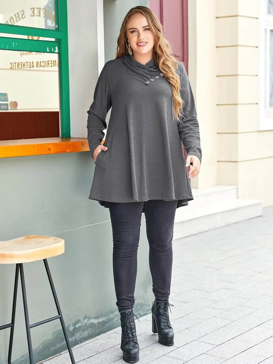 LARACE Cowl Neck Sweatshirts For Women Plus Size Tops With Pockets Long Sleeve Tunic Casual Pullover Button Down Shirt