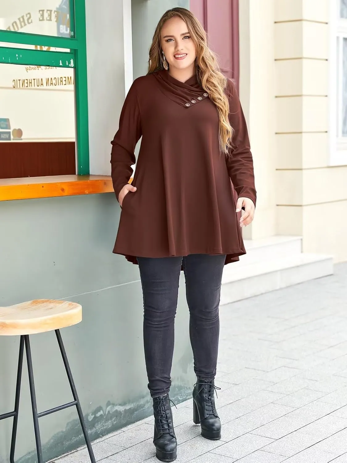 LARACE Cowl Neck Sweatshirts For Women Plus Size Tops With Pockets Long Sleeve Tunic Casual Pullover Button Down Shirt