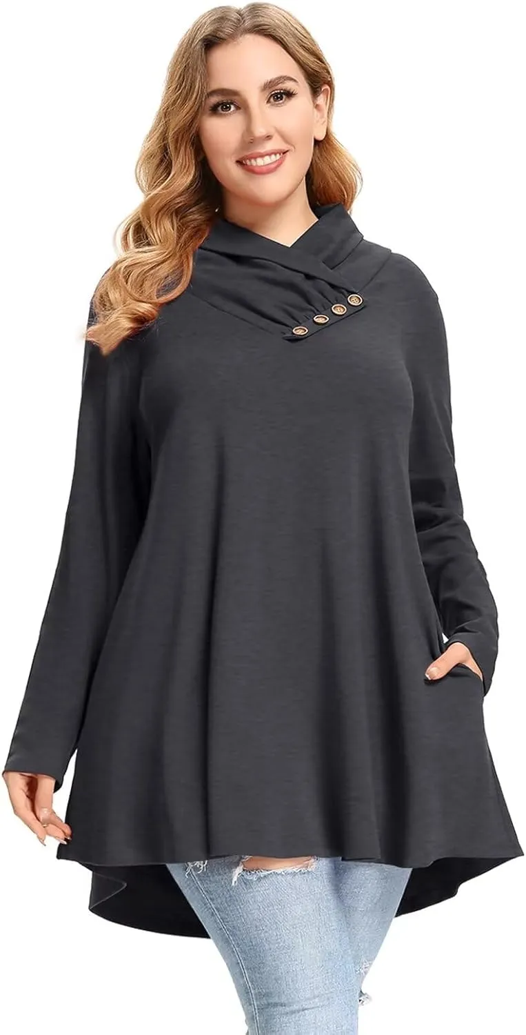 LARACE Cowl Neck Sweatshirts For Women Plus Size Tops With Pockets Long Sleeve Tunic Casual Pullover Button Down Shirt