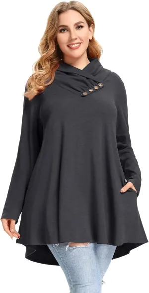 LARACE Cowl Neck Sweatshirts For Women Plus Size Tops With Pockets Long Sleeve Tunic Casual Pullover Button Down Shirt