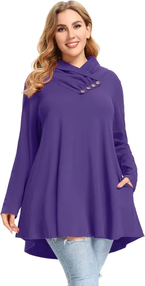 LARACE Cowl Neck Sweatshirts For Women Plus Size Tops With Pockets Long Sleeve Tunic Casual Pullover Button Down Shirt