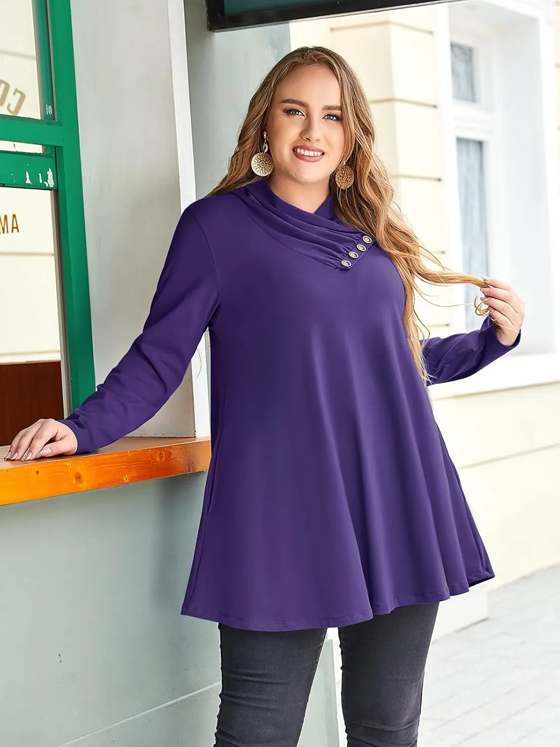 LARACE Cowl Neck Sweatshirts For Women Plus Size Tops With Pockets Long Sleeve Tunic Casual Pullover Button Down Shirt