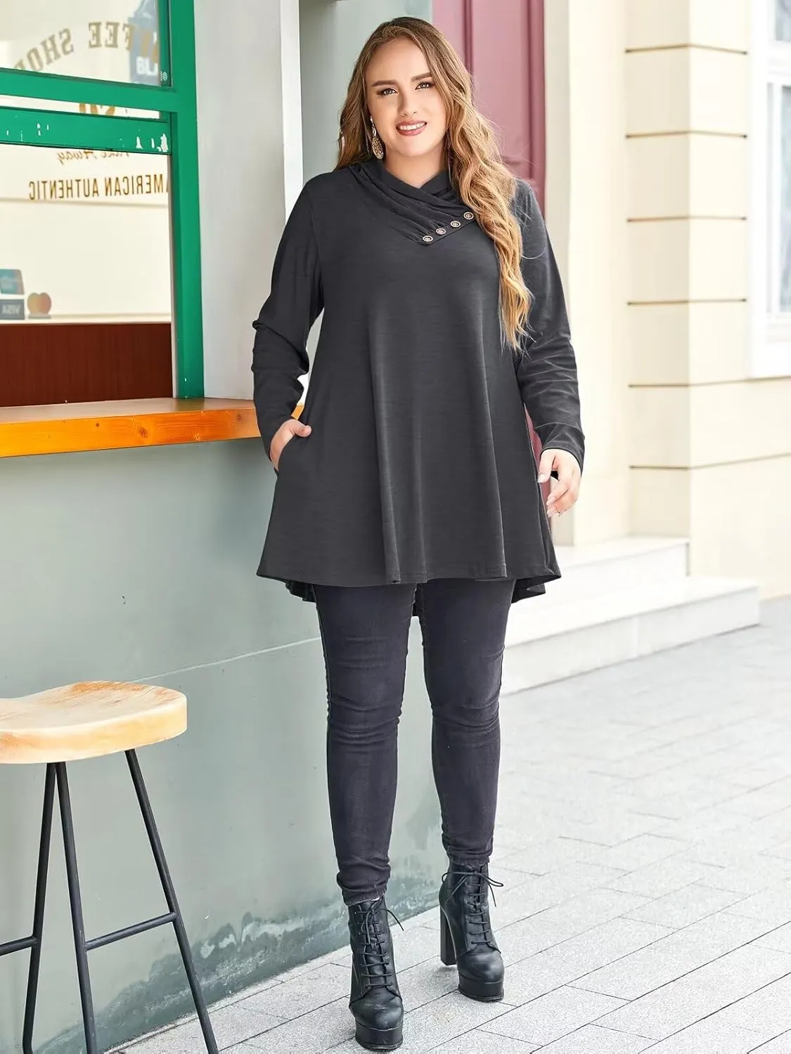 LARACE Cowl Neck Sweatshirts For Women Plus Size Tops With Pockets Long Sleeve Tunic Casual Pullover Button Down Shirt