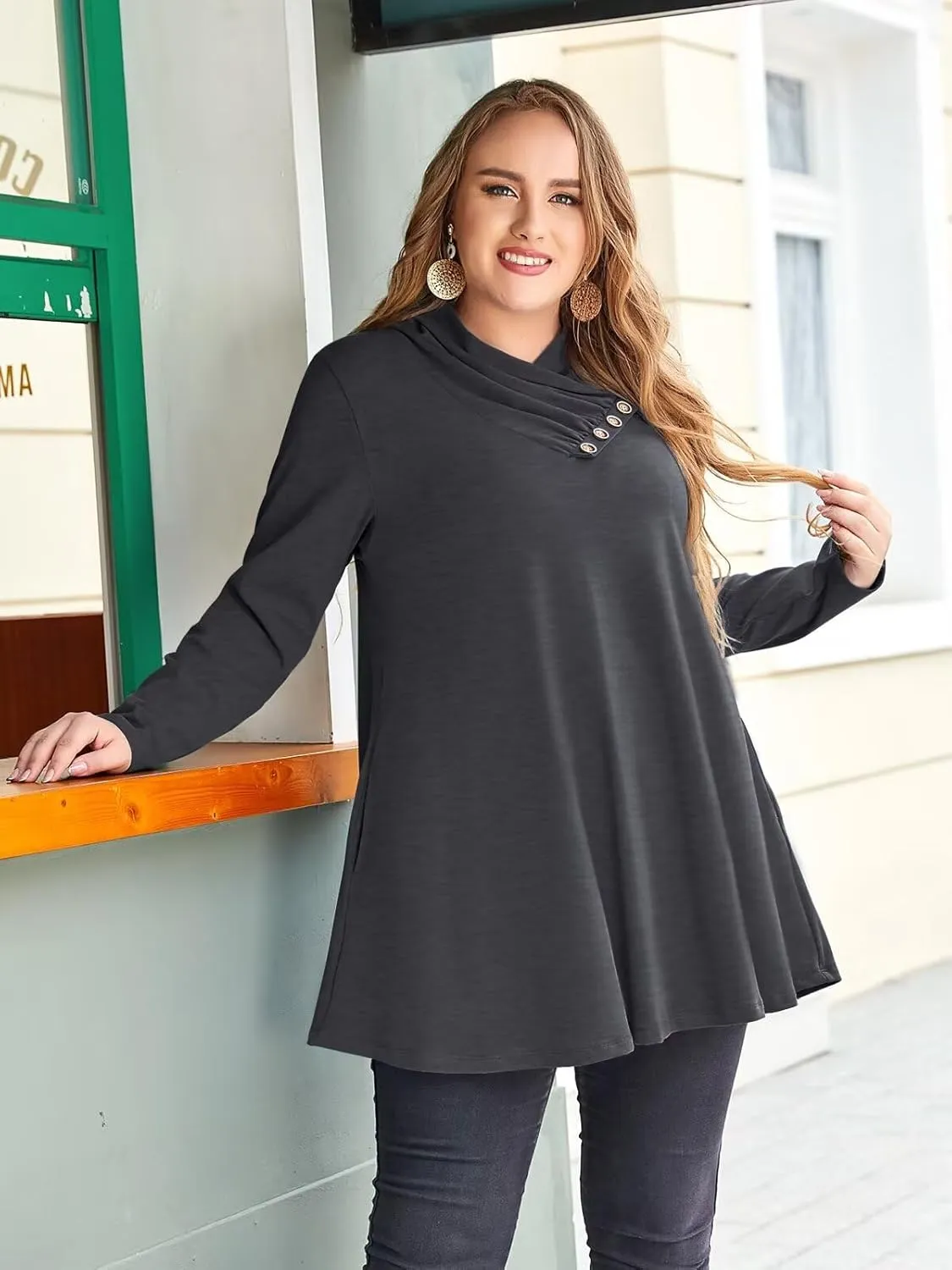 LARACE Cowl Neck Sweatshirts For Women Plus Size Tops With Pockets Long Sleeve Tunic Casual Pullover Button Down Shirt