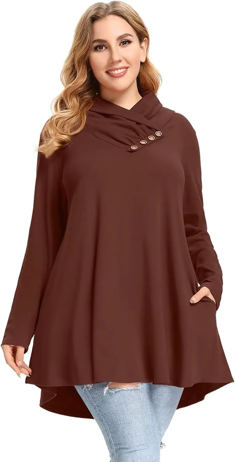 LARACE Cowl Neck Sweatshirts For Women Plus Size Tops With Pockets Long Sleeve Tunic Casual Pullover Button Down Shirt
