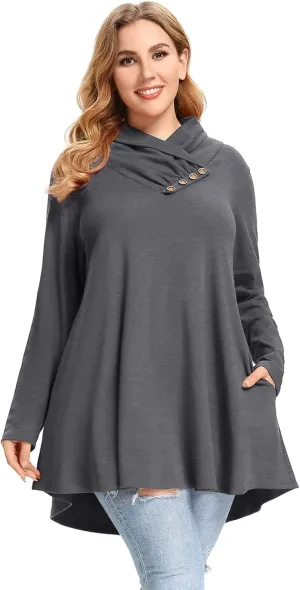 LARACE Cowl Neck Sweatshirts For Women Plus Size Tops With Pockets Long Sleeve Tunic Casual Pullover Button Down Shirt