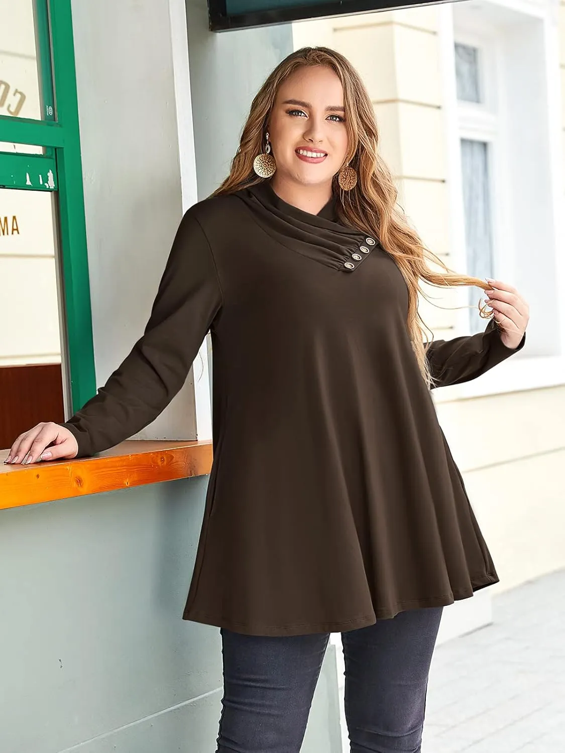 LARACE Cowl Neck Sweatshirts For Women Plus Size Tops With Pockets Long Sleeve Tunic Casual Pullover Button Down Shirt