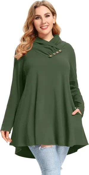 LARACE Cowl Neck Sweatshirts For Women Plus Size Tops With Pockets Long Sleeve Tunic Casual Pullover Button Down Shirt