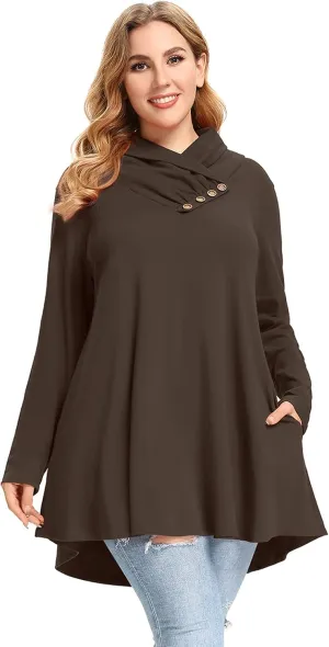 LARACE Cowl Neck Sweatshirts For Women Plus Size Tops With Pockets Long Sleeve Tunic Casual Pullover Button Down Shirt