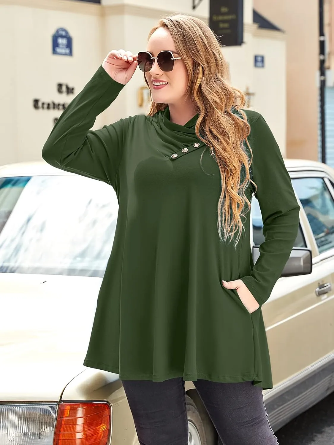 LARACE Cowl Neck Sweatshirts For Women Plus Size Tops With Pockets Long Sleeve Tunic Casual Pullover Button Down Shirt