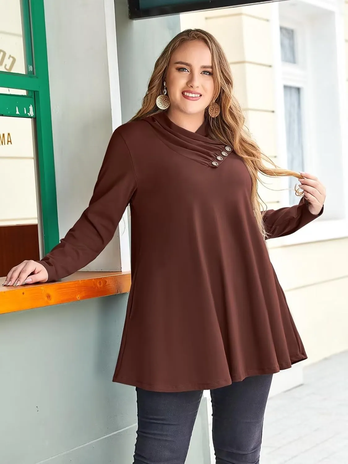 LARACE Cowl Neck Sweatshirts For Women Plus Size Tops With Pockets Long Sleeve Tunic Casual Pullover Button Down Shirt
