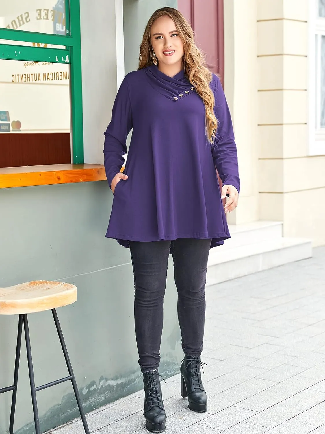 LARACE Cowl Neck Sweatshirts For Women Plus Size Tops With Pockets Long Sleeve Tunic Casual Pullover Button Down Shirt