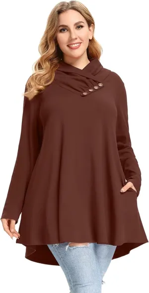 LARACE Cowl Neck Sweatshirts For Women Plus Size Tops With Pockets Long Sleeve Tunic Casual Pullover Button Down Shirt