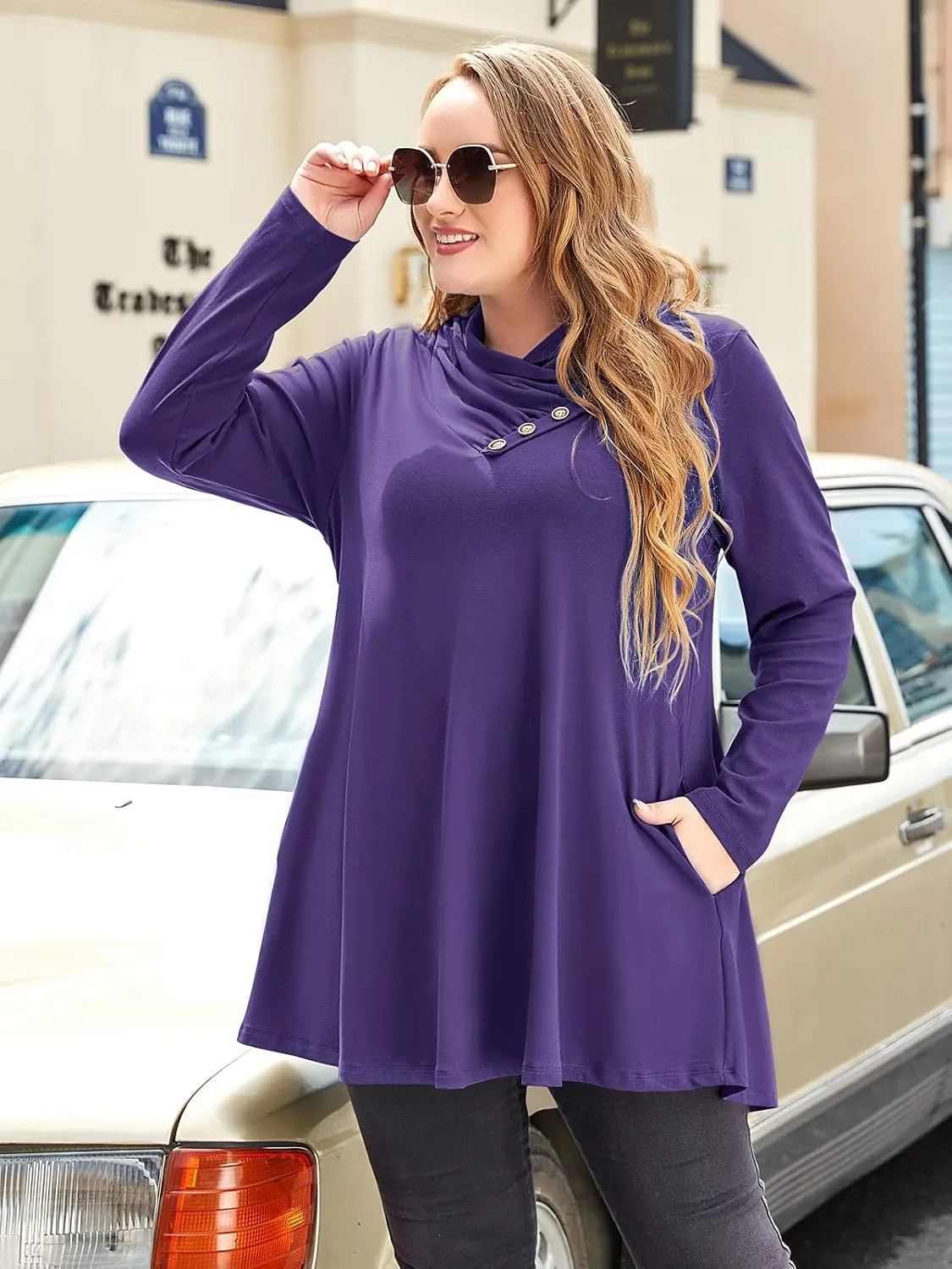 LARACE Cowl Neck Sweatshirts For Women Plus Size Tops With Pockets Long Sleeve Tunic Casual Pullover Button Down Shirt