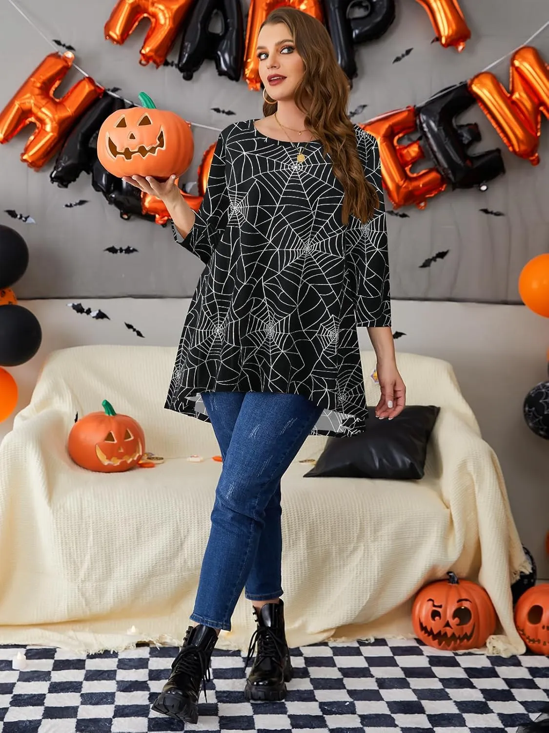 LARACE Womens Plus Size 3/4 Sleeve Loose Fit Flare Swing Tunic Tops Floral High Low Basic T Shirt